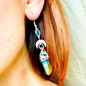 Titanium Quartz Druzy Moon Earrings - Handmade OOAK Unique Crystal Fairy